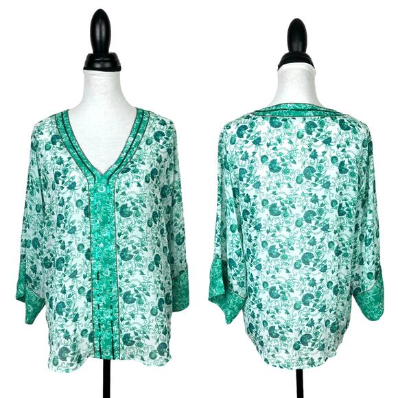 Chico's Sz 0 Congo Floral Tunic Green Print Sheer Embellished V-neck Blouse - Picture 4 of 13